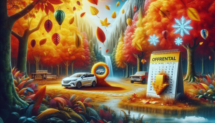 A peaceful autumn landscape featuring a car rental office, colourful falling leaves, and a calendar indicating off-peak seasons.