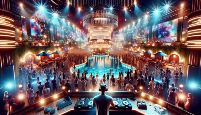 A vibrant dance floor at XS Nightclub in Las Vegas featuring scintillating lights, an outdoor pool, and a DJ.