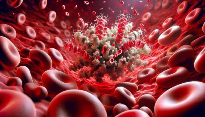 Ferritin Blood Test in Inverness: Microscopic view of ferritin molecules storing iron, surrounded by red blood cells, illustrating iron balance and health diagnostics.