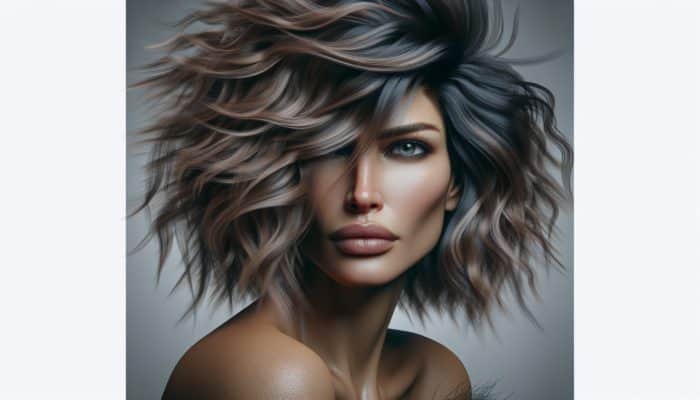 A woman over 50 showcasing choppy, textured hair layers that demonstrate volume and modern style.