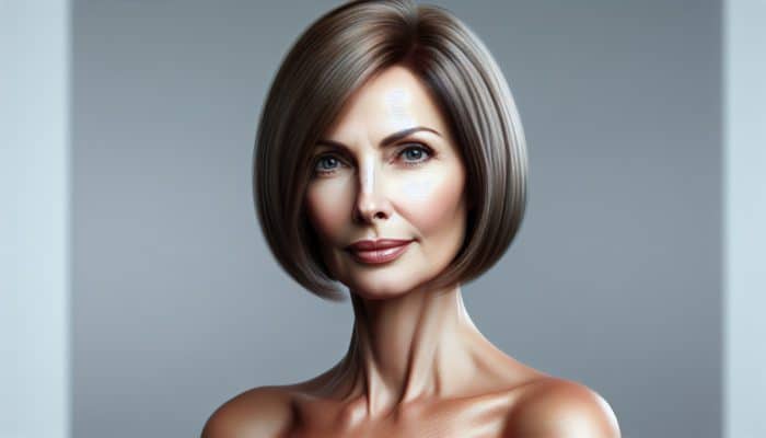 A sophisticated woman over 50 with a straight, jawline-length classic bob elegantly framing her face.