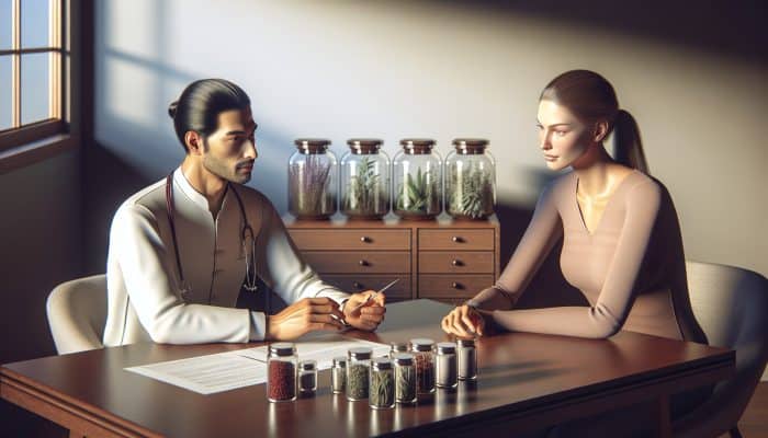 Cost of Acupuncture for Women: A serene acupuncture clinic with a practitioner crafting a personalised treatment plan for a patient.