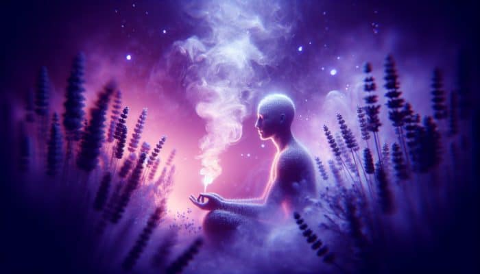 Individual inhaling soothing lavender steam in a tranquil home spa, surrounded by calming purple tones.