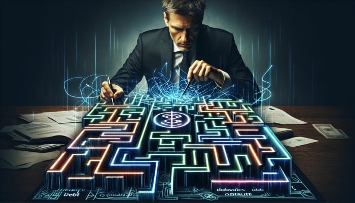 Debt Consolidation Loans vs Debt Settlement: A Guide | DCL Debt Consolidation Loans vs Debt Settlement: An individual assessing financial documents and charts while navigating a complex maze of debt settlement strategies.
