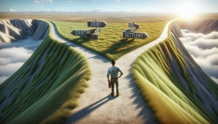 Debt Consolidation Loans vs Debt Settlement: A Guide | DCL An individual standing at a crossroads, weighing the options of "Full Debt Repayment" versus "Debt Settlement," with a bright path ahead symbolising financial freedom.