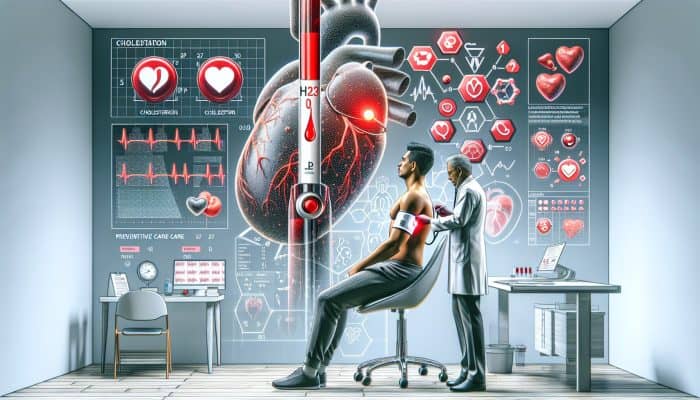 Individual undergoing a cholesterol test at a clinic, results indicate high levels, amidst heart health information.
