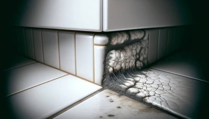 Close-up of kitchen tile grout showing clean and mouldy areas, emphasising cleaning importance.