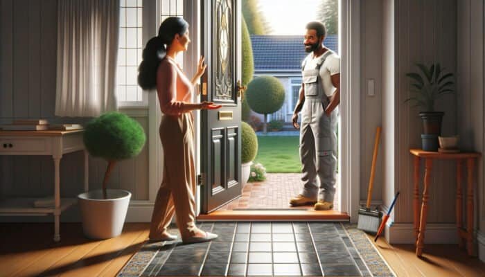 A person admiring a neighbor's clean tiles, inquiring about the grout cleaner's contact details.