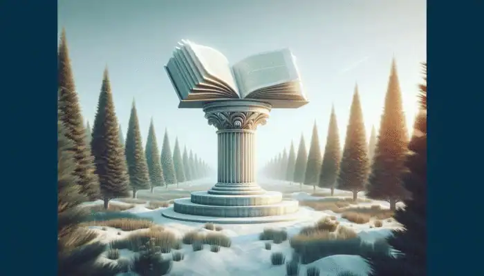 A peaceful landscape with an open book on a pedestal surrounded by evergreen trees, symbolising enduring knowledge.