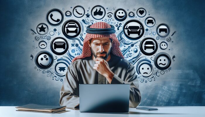 A person reviews car rental services on a laptop, with logos and speech bubbles showing feedback on service and vehicle condition.