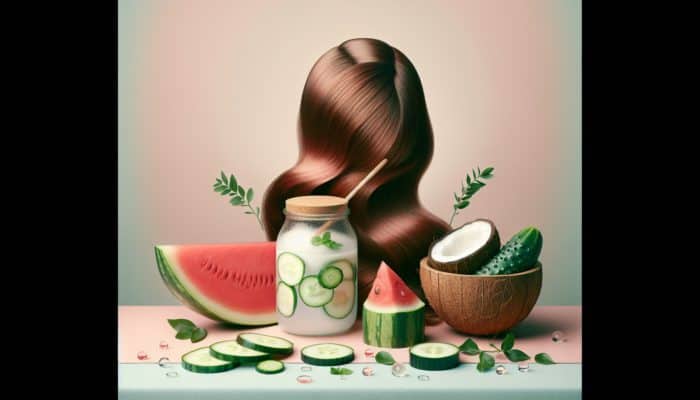 A still-life arrangement of watermelon, cucumber, and coconut water around healthy hair on a pastel backdrop.