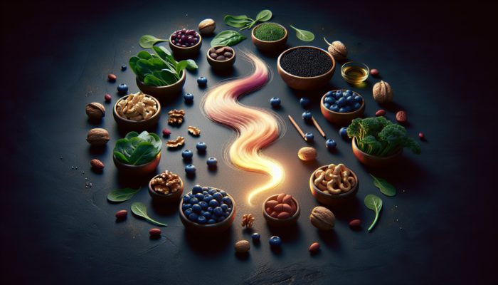 A still life of blueberries, nuts, and leafy greens like spinach and kale surrounding a glowing hair strand, symbolising hair vitality.