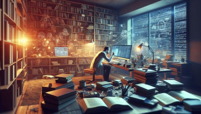 A researcher devising a detailed research strategy at a desk surrounded by books and digital devices in a cosy study room.