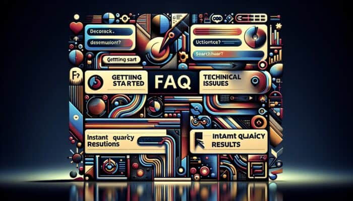 A user-friendly FAQ page displayed on a computer screen with sections like "Getting Started," "Technical Issues," and "Billing Questions," alongside a search bar.