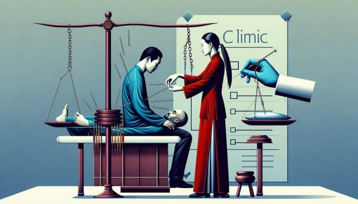 An acupuncturist treating a patient with needles, while legal documents and a hygiene checklist are visible in the background.