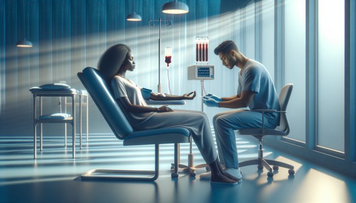 A patient calmly seated in a tranquil medical environment as a phlebotomist prepares to collect blood, surrounded by calming blue tones and soft lighting.