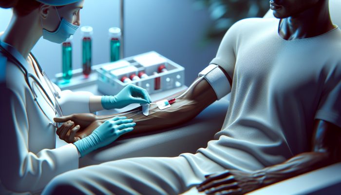 A healthcare professional drawing blood from a patient's arm in a serene medical environment.