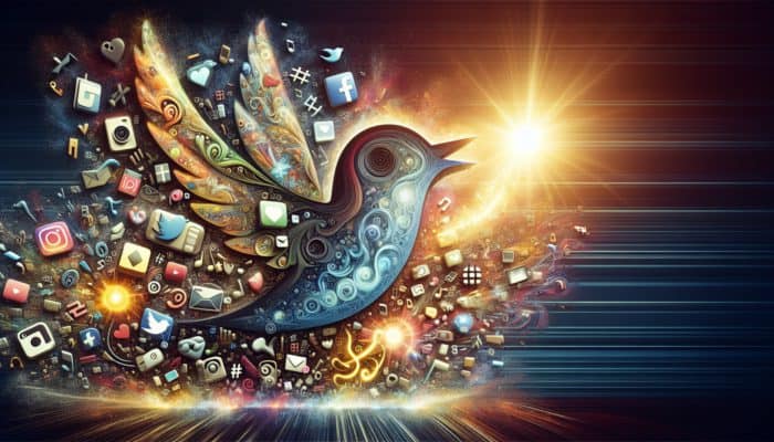 A vibrant collage of social media icons and glowing '#' symbols illustrating hashtag trends.