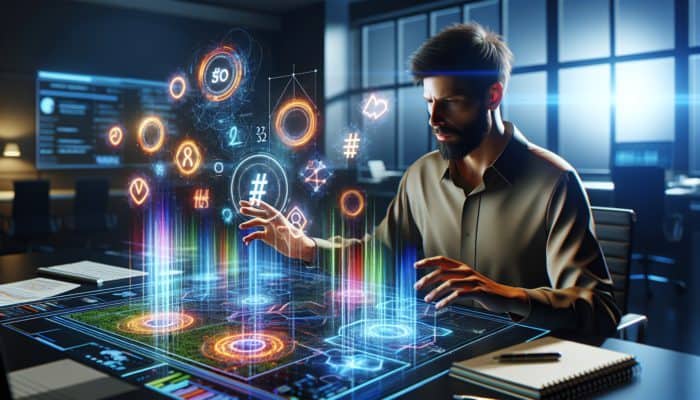 A digital marketing expert analysing trending hashtags on an advanced screen with SEO graphs and colourful data visualisations in a contemporary office.
