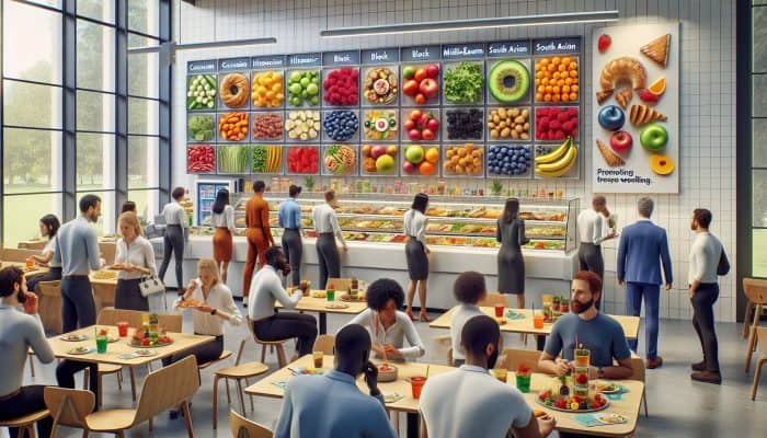 A bustling UK office cafeteria offering a variety of food choices, including salads, fruits, and pastries, alongside wellness posters.