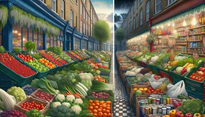 Wealthy UK neighbourhoods with fresh produce markets contrasted with food deserts characterised by processed foods in lower-income areas.