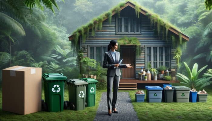 A professional discussing green waste regulations beside a cleared house with organised compost and recycling bins in a lush garden.